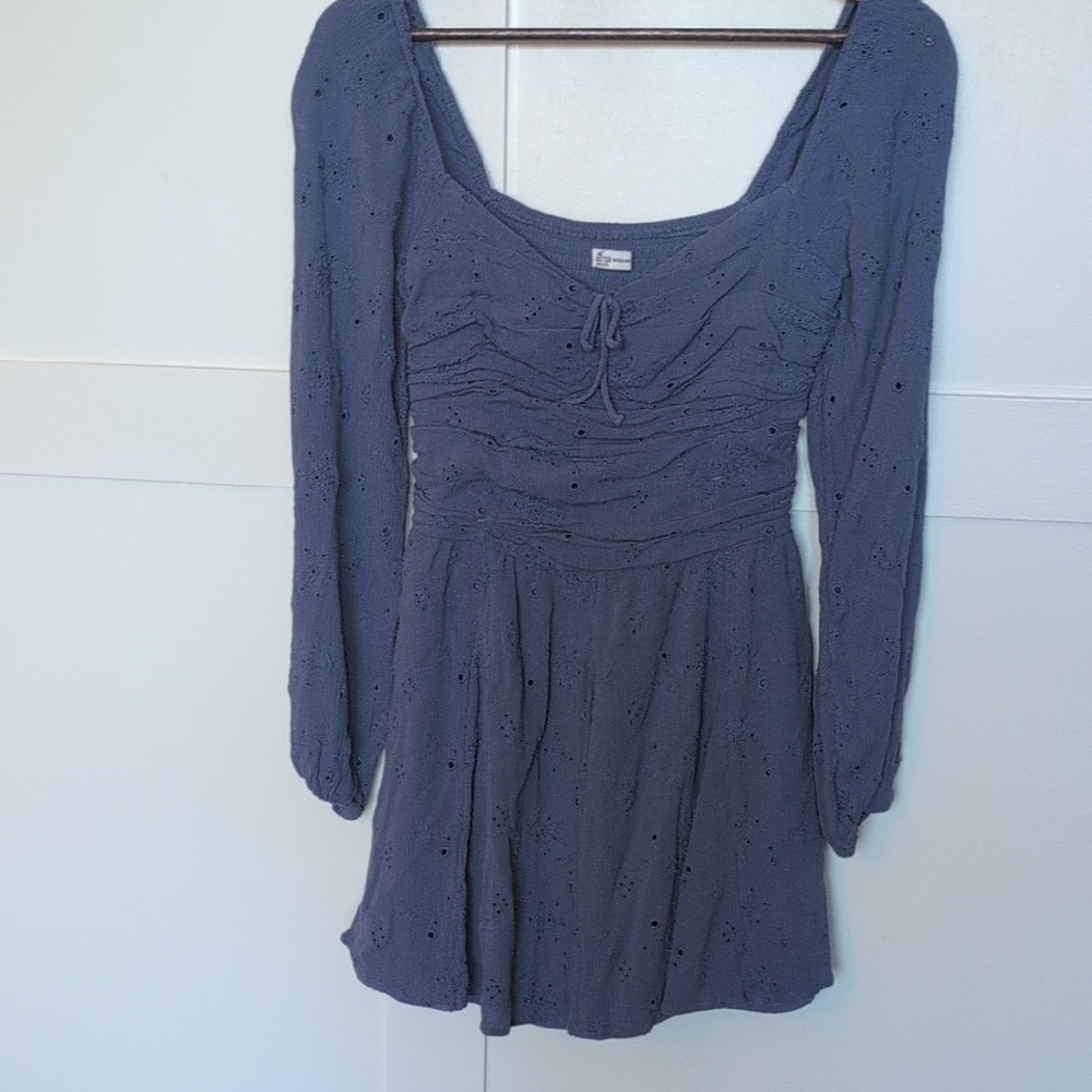 Hollister Slate Blue Eyelet Long Sleeve Mini Dress